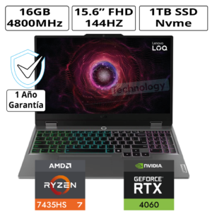 Laptop Gaming Lenovo LOQ 15ARP9 / 15.6" FHD IPS / AMD Ryzen 7-7435HS 4.5 GHz / 16GB DDR5-4800 / RTX 4060