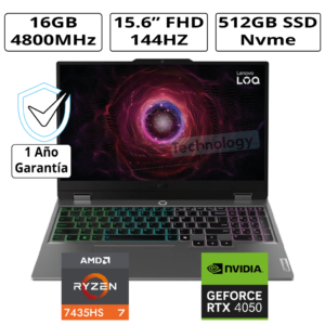 Laptop Gaming Lenovo LOQ 15ARP9 / 15.6" FHD IPS / AMD Ryzen 7-7435HS 4.5 GHz / 16GB DDR5-4800
