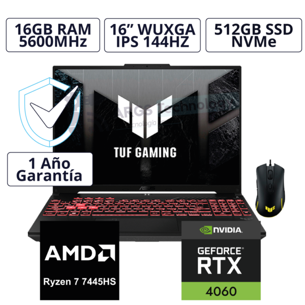 Laptop Gaming ASUS TUF A16 FA607NUG, 16” WUXGA, Ryzen 7 7445HS, RTX 4050, 16GB DDR5, 512GB NVMe